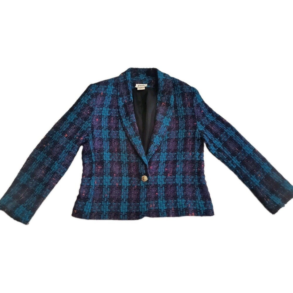 Jo Hardin 80s Blazer Jacket Shoulder Pads USA  Sz 12 Tweed Teal Plaid Check Vtg